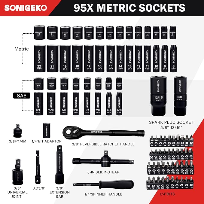 95-Piece 3/8" Drive Impact Socket Set,SAE(5/16 to 3/4-) Metric Size(8-22mm) | 6-Point Deep & Standard CR-V Sockets, Screwdriver Bit Set with Ratchet Handle & Security Bits