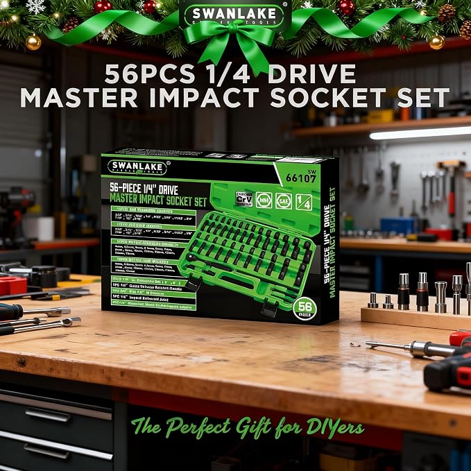 SWANLAKE 1/4" Drive Impact Socket Set, 56-Piece Standard SAE (5/32 to 9/16 inch) and Metric (4-15mm) Size, 6 Point, Cr-V, 1/4-Inch Drive Ratchet Handle, Drive Extension Bar, Impact Universal Joint
