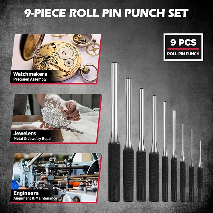 25-Piece Punch and Chisel Set with Roll Pin Punches, Includes Taper, Pin, Center Punches & Cold Chisels for Metalworking, Automotive, and Craft Use