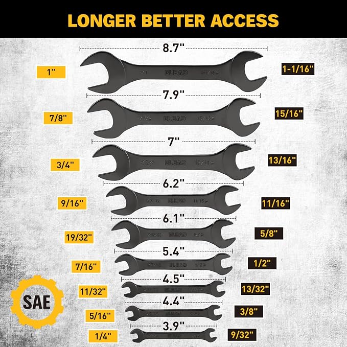 ELEAD 9-Piece Super-Thin Open End Wrench Set, SAE 1/4"-1-1/16", CR-V Nickel Plated, 3 mm Thickness Ultra-Slim Wrench Set for Tight Spaces, Durable Roll-Up Pouch for Mechanics
