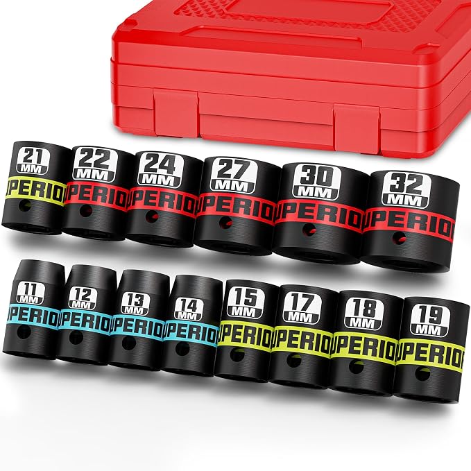 14 Piece 1/2" Drive Impact Socket Set, 11 mm-32 mm Shallow Socket, Metric, 6 Point, CR-V, Automotive Maintenance, Machinery Manufacturing