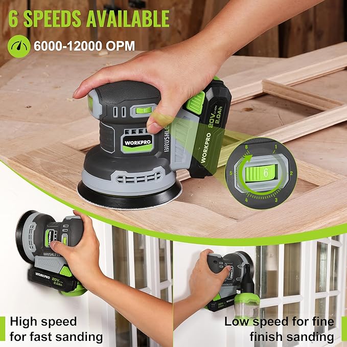 WORKPRO 5-Inch Cordless Random Orbital Sander, 20V Brushless Electric Orbit Sander, 6 Variable Speeds 6000-12000 RPM, Palm Sander with Battery, Dust Collector, 15 PCS Sanding Discs for Woodworking