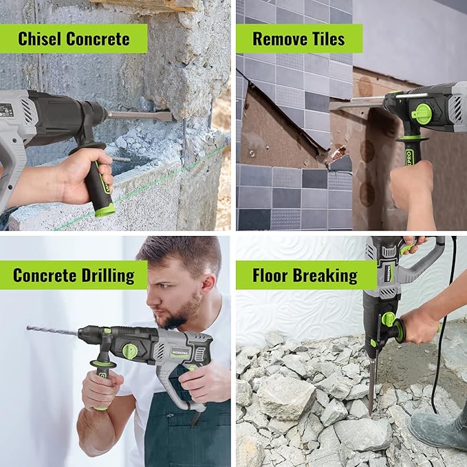 WORKPRO 1-1/4 Inch SDS-Plus Rotary Hammer Drill, 7.5AMP, Lightweight Corded Version for Concrete Demolition Chipping Rotomartillo, 5 SDS-Plus Bits