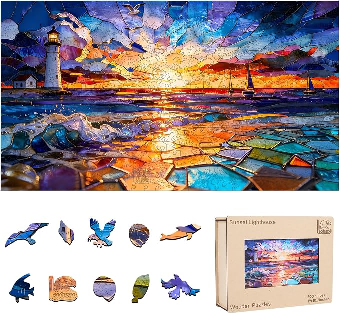 Leodozzio Sunset Lighthouse Wooden Jigsaw Puzzles 500 Pieces, Stained Glass Puzzle, 5MM Thick Unique Shaped Ocean Wooden Puzzle for Adults, Nautical Art Gift, Family Game, 10.7x19 Inch