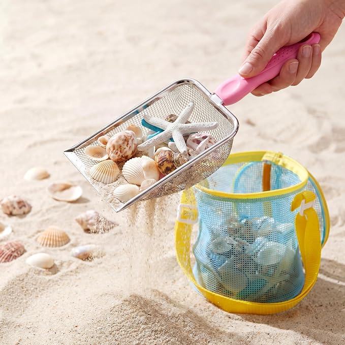 8 Pcs Sand Sifter with Shelling Bags for Beach Mesh Shovel with Mesh Bag for Shell Collecting Shark Tooth Sifter Filter Sand Scooper for Picking up Shells Beach Essentials Vacation Tools