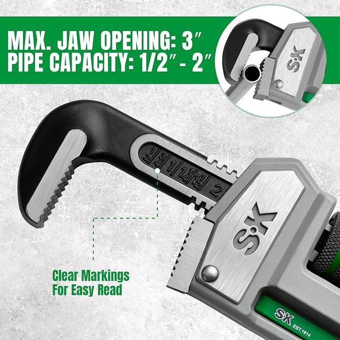 SK 14'' Pipe Wrench, Adjustable Plumbers Wrench, Aluminum Plumbing Wrench | Jaw Capacity 1/2'' to 2'', Lightweight I-Beam Handle, Serrated Jaw for Anti-Slip Grip, Drop-Forged Cr-V Steel Head