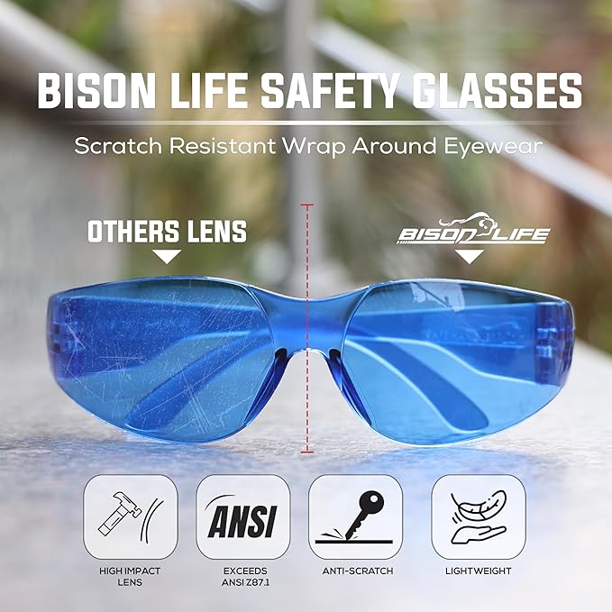 BISON LIFE Clear Safety Glasses – ANSI Z87.1 Scratch & Impact Resistant Wrap Around Eye Protection Goggles for Men & Women
