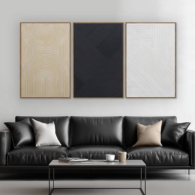 Neutral Textured 3D Wall Art Boho Abstract Hand-Painted Framed Wall Decor Minimalist Geometric Artwork Paintings- Living Room Bedroom Office - Modern Boho Black White Neutral Line 16"x24" 3 piece