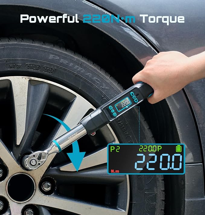Seesii 3/8" Digital Torque Wrench, 0-162 ft-lb/0-220 N·m, ±2% Accuracy | Buzzer & LED Alert, Peak & Track Mode, Dual Direction Ratchet, 5 Units of Measure, for Bike, Motorcycle, Automotive Repair