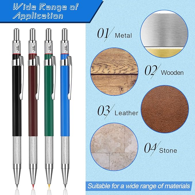 Nezyo 4 Pieces Welder Pencil with 60 Pieces Round Refills Mechanical Pencil Metal Marker Pen for Construction Workers, Metal Work, Welders, Plumbers, Framers (Black, Red, Yellow, Silver)