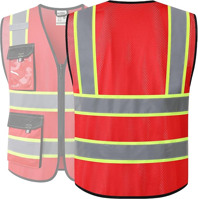 JKSafety Hi Vis Reflective Safety Vests for Men Women High Visibility Vest with Pockets Mesh Fabric Construction Safety Apparel Neon Vest for Work (220-Red XL)