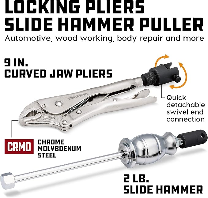 Powerbuilt Slide Hammer Locking Pliers Set, 9 inch Locking Pliers, Sturdy 2 Pound Slide Hammer with a Quick Release Swiveling Coupler, Quick Connect Flex Joint Connection - 645044