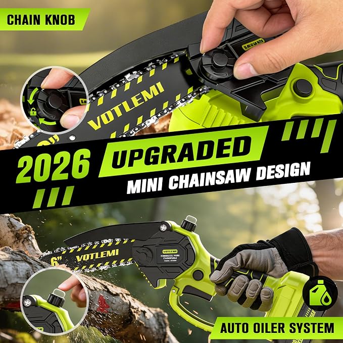 Mini Chainsaw Cordless, 6 Inch Electric Chainsaw with 2000MAH Battery, 1000W Handheld Battery Powered Chain Saw with Auto Oiler, Gifts for Wood Cutting/Tree Trimming