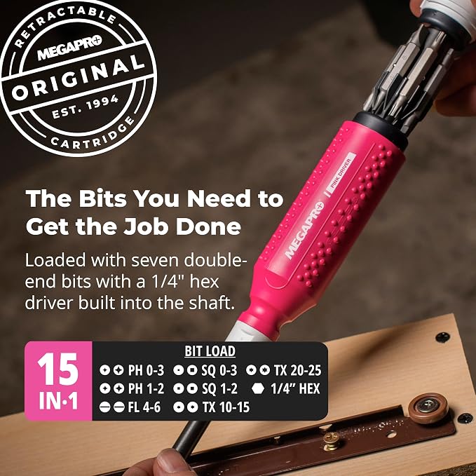 MEGAPRO® 15-in-1 Original Multi-bit Screwdriver | Home DIY & Repair | Construction | Tradeswork | 14 Industrial-grade bit tips | 1/4" Hex Drive in shaft (Pink)