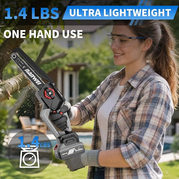 NANWEI 8 Inch Cordless Chainsaw for Tree Trimming & Wood Cutting, Lightweight Handheld Mini Chain Saw with 2 x 4.0Ah Batteries, Brushless Motor for Long Runtime & Low Noise
