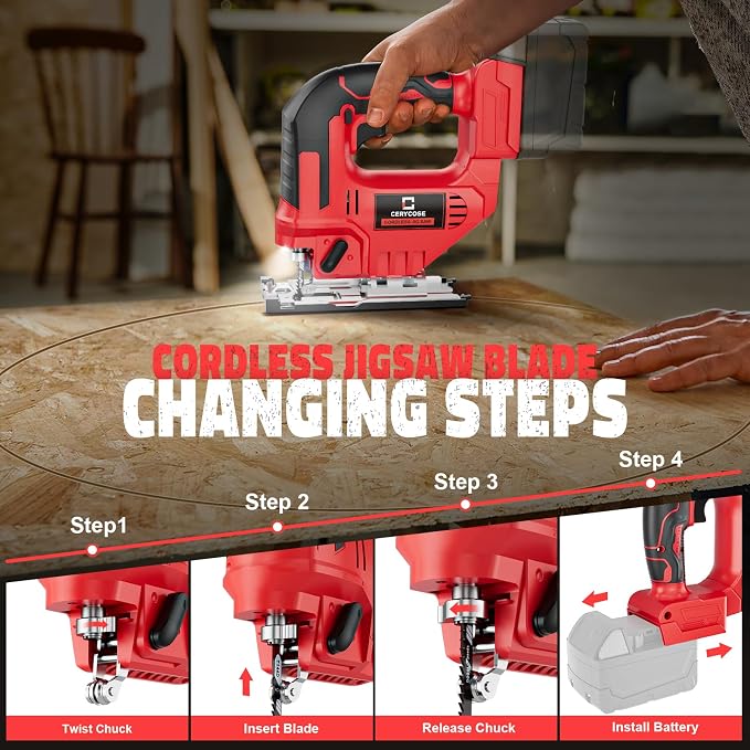 Cerycose Jigsaw Compatible With Milwaukee 18V Battery, Cordless jig saw tool With LED Light, 0°- 45° Bevel Cuts, 3 Position Orbital Setting for Straight/Curve/Bevel/Circle Cutting, Tool Only