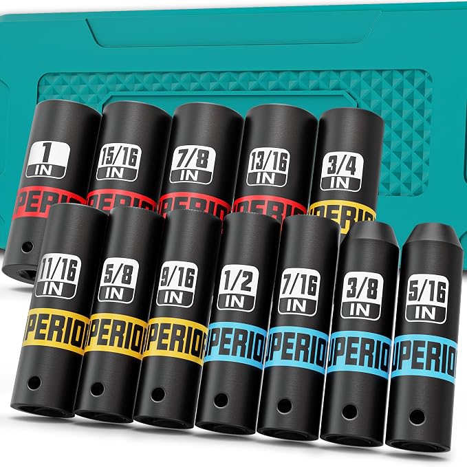 12 Piece 3/8" Drive Impact Socket Set, 5/16"- 1" Deep Socket, SAE, 6 Point, CR-V, Automotive Motorcycle and Bicycle Maintenance, Machinery Manufacturing