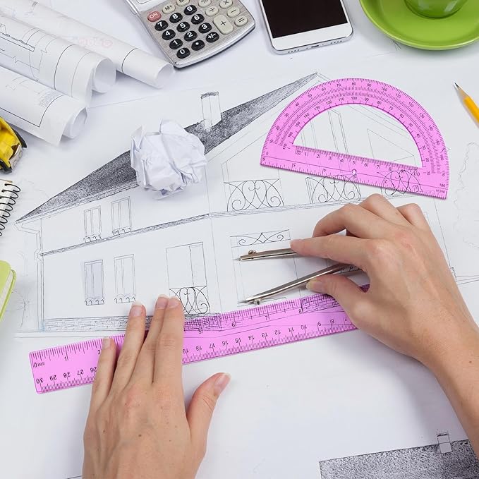 Zonon 2 Pack 12'' Plastic Ruler and 6'' Plastic Protractor Set Clear Ruler Protractor Set Math Geometry Supplies for School Classroom Home Office Drawing(Pink)