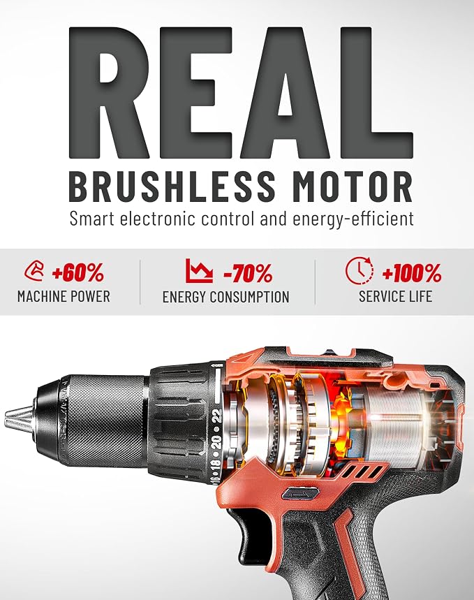 DCK 20V Brushless Hammer Drill, 531 in.lbs, 36000 BPM, 1/2" Keyless All-Metal Chuck, 4.0Ah Battery, 22+1+1 Clutch, Impact Drill Kit for Drilling Brick Wall, Metal, Wood, KDJZ05-13 (Renewed)