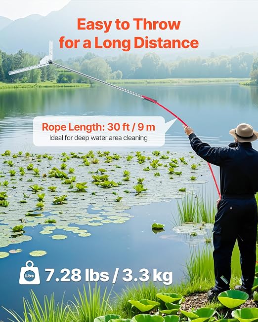VEVOR Lake Weed Cutter, Pond Aquatic Plant Cutting Tool with 37 in Max. Cut Width, Sharp and Heavy-Duty Steel Blades, Pond Rake with 30 ft Throw Rope, for Cattail, Phragmites, Lilly Pads & Chara