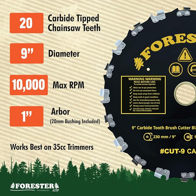 FORESTER Carbide Tip Chainsaw Brush Cutter Blade - 9in x 20 Teeth | Fits Most Straight Shaft Trimmers | Conversion Kit Sold Separately