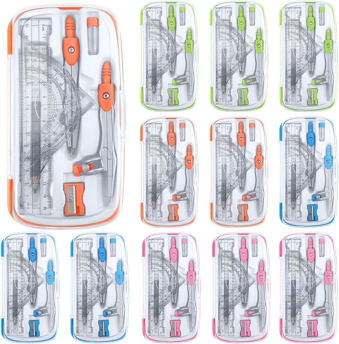 Teling 12 Sets Math Geometry Kit for Students 10 Pcs Compass Geometry Tools Set Includes Rulers Protractor Compass Eraser Pencil Sharpener Lead Refills Pencil (Colorful)