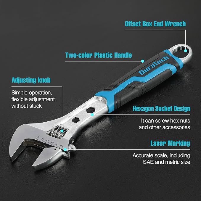 DURATECH 4-Piece Adjustable Wrench Set, 6-inch, 8-inch, 10-inch, 12-inch | 3-in-1 Spanner with Box End, Hex Function, CR-V Steel, Chrome-plated, Bi-material Soft Grip, Rolling Bag
