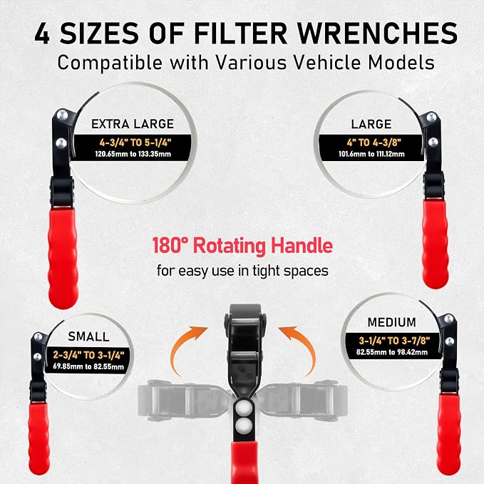 KOOPOOL Oil Filter Wrench Set, 8 Piece Adjustable Oil Filter Pliers 2-3/4" to 5-1/4", 9" & 12" Universal Oil Filter Removal Tool with 1/2" to 3/8" Adapter, Organized in Storage Case (8-Piece Set)