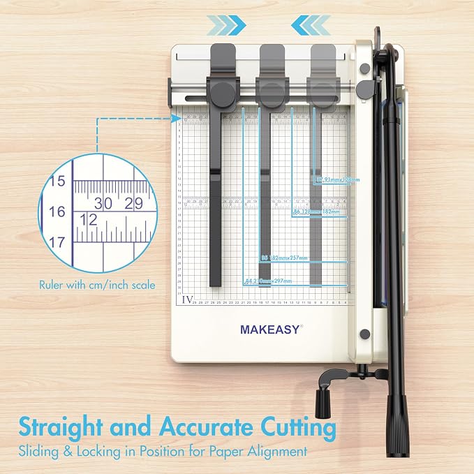 MAKEASY Paper Cutter 12 Inch, Heavy Duty Paper Cutter for A4 Paper, Guillotine Paper Cutter 400 Sheet Capacity, Solid Steel Construction, Beige