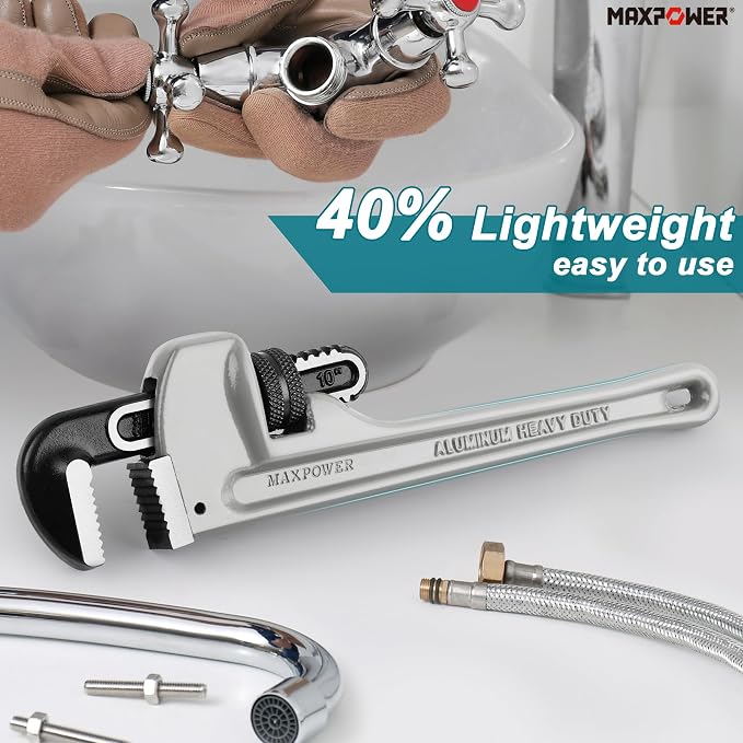 MAXPOWER 10 inch Straight Pipe Wrench, 1 inch Jaw Capacity | 40% Lighter Aluminum Adjustable Plumbing Wrench, Cr-Mo Jaw, Drop Forged