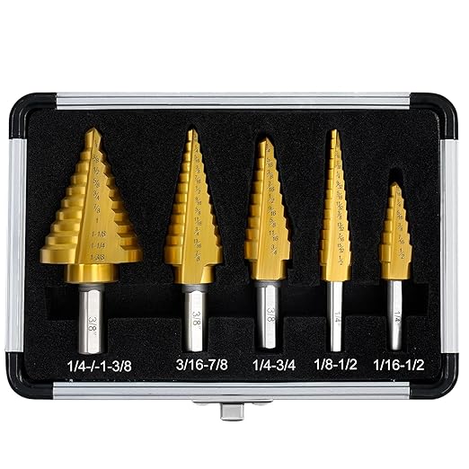 Step Drill Bit Set for Metal- 5PCS Titanium 4241 HSS Step Bit with Two Straight Flutes, 50 Sizes from 1/16" to 1-3/8" for Aluminum, Wood & Plastic, Unibit for Electricians & DIY