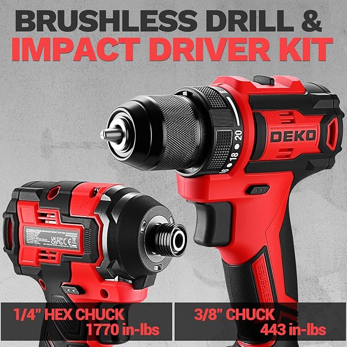 Cordless Drill & Impact Driver: DEKOPRO 20V Brushless Power Drill and 20V Brushless Impact Driver Set, Power Tool Set with 2x2.0Ah Batteries, Charger, Bag & 52xAccessories-Red
