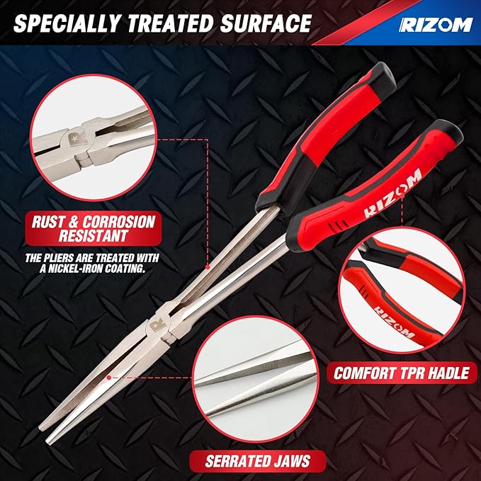 RIZOM 11 Inch Long Needle Nose Pliers, 3Pcs Needle Nose Pliers Set, 90° & 45° Bent Nose Pliers Designed for Long Reach and Narrow Spaces, Includes Storage Bag