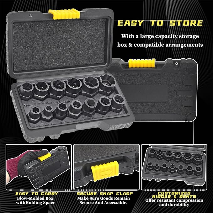 14 Pcs Bolt Nut Extractor Set with Knockout Bar | 3/8" Drive Wheel Lock Removal Kit for Extracting Damaged, Stripped Frozen Nuts & Screws, Impact Lug Nut Remover Socket Tool