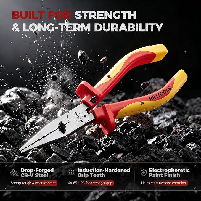 BILITOOLS 1000V Insulated Flat Nose Pliers, 6 inch, Wide Jaws, Cr-V Steel