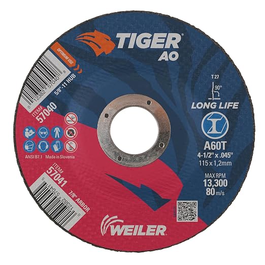 Weiler 57041 4-1/2 Inch Cutting Wheel, Tiger AO Steel/Metal Long Life Performance Cutting, .045" A60T Type 27 7/8" Arbor, Pack of 25