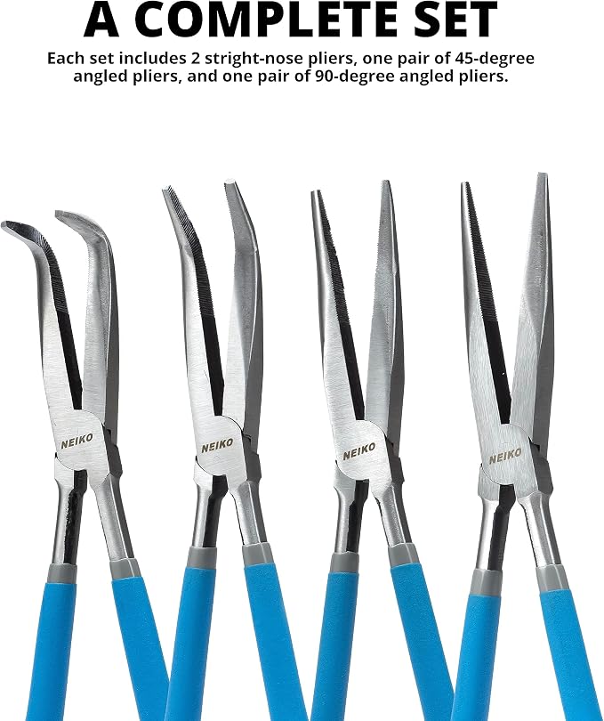 NEIKO 02105A (4) Long Nose Plier 11” Long Reach, Straight, Angle, Curved Pliers, 45 & 90 Degree, bent Head Needle Nose Pliers Set for Mechanics, Long Handle Pliers