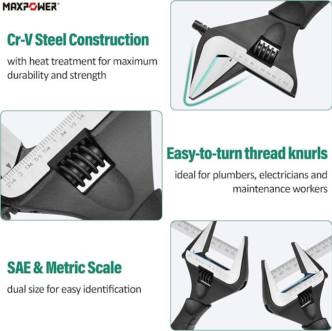 MAXPOWER 12-inch Wide Jaw Adjustable Wrench, 2.4" Jaw Opening, Cr-V Steel | Stubby Plumbing Wrench, Soft Grips, Smooth Jaws