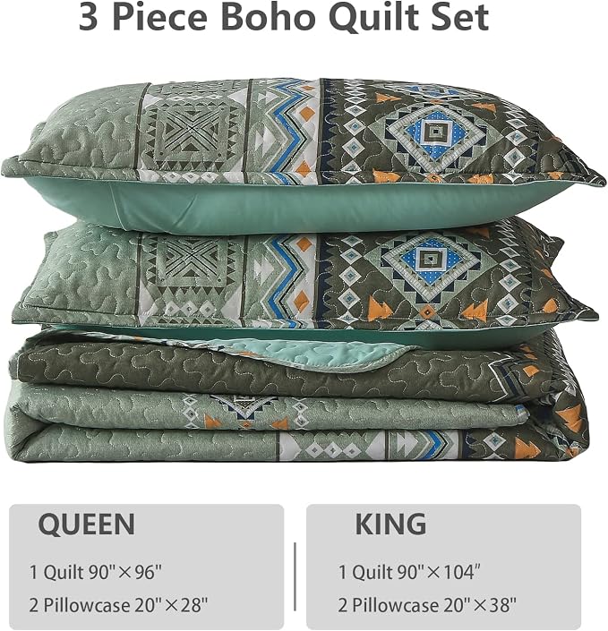 WONGS BEDDING Boho Green Quilt Set Queen,3 Piece Olive Green Fall Bedspread Coverlet Set with Geometry Printed for All Season,Lightweight Morden Bohemian Bedding Set 96"×90"