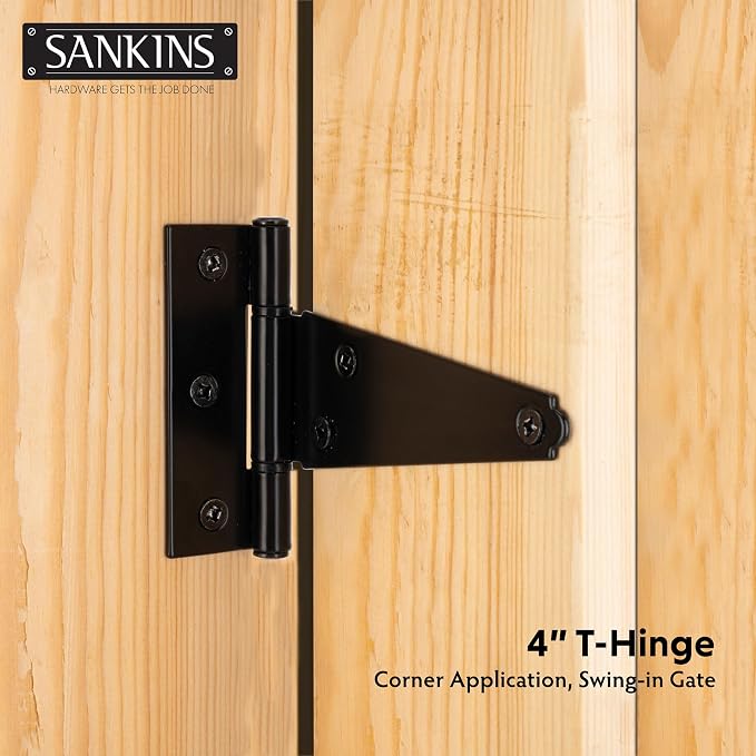 4 Inch T-Strap Shed Door Hinges Heavy Duty, Black Tee Gate Hinges for Wooden Fences, Yard Door, Barn Door Gates, Wrought Hardware Rustproof, 6Pack