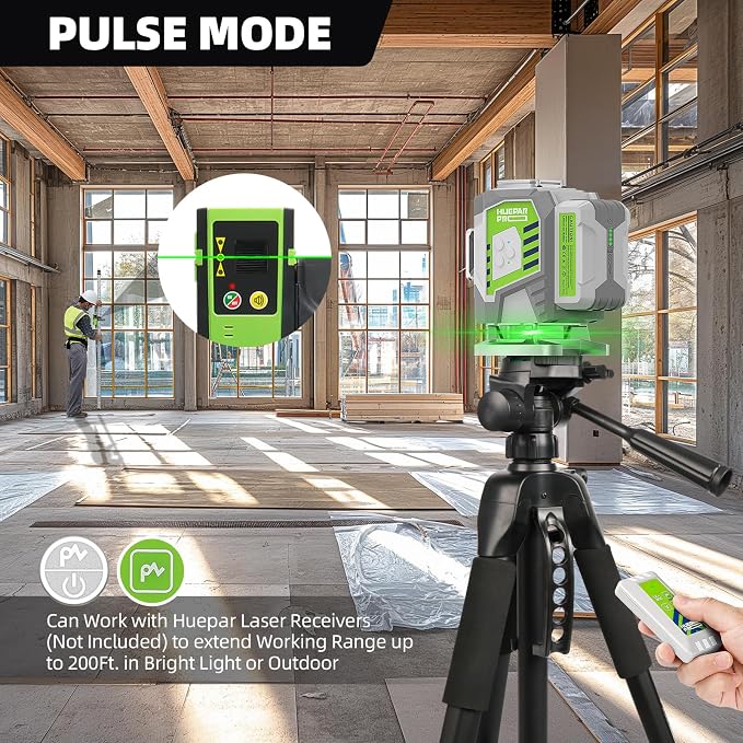 Huepar Pro Laser Level, 3x360° Self Leveling Green Tiling Level Laser Tool, 3D Cross Line Laser Level Tool, High Accuracy Floor Laser with Rechargeable Battery, Remote Control & Hard Carrying Case