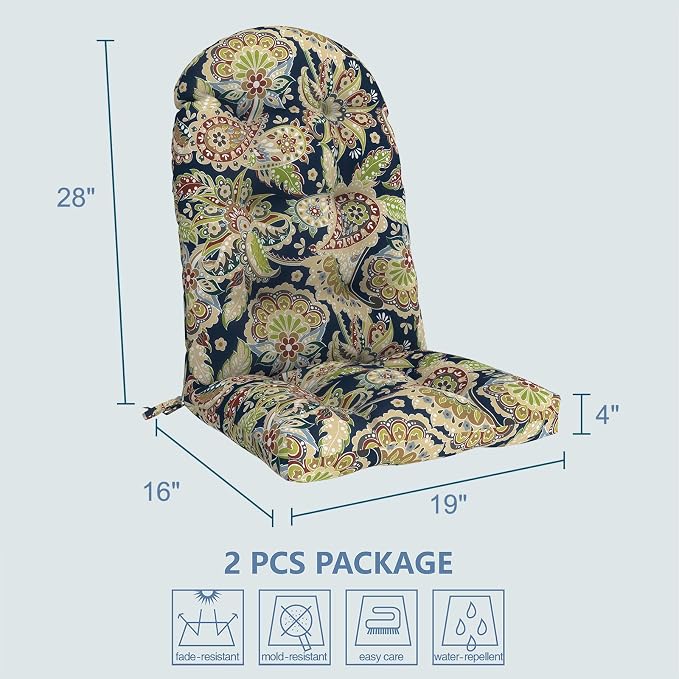 LVTXIII 2 Pack Outdoor Adirondack Chair Cushions, 44x19x4 Inch Water Repellent Patio Cushions for Rocking Chairs, Thick Tufted High Back Seat Cushion Set, Paisley Bloom