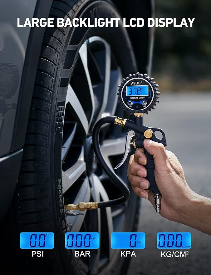 AstroAI Digital Tire Pressure Gauge with Inflator, 3-250 PSI Air Chuck & Compressor Accessories Heavy Duty with Quick Connect Coupler, 0.1 Display Resolution, 2pack