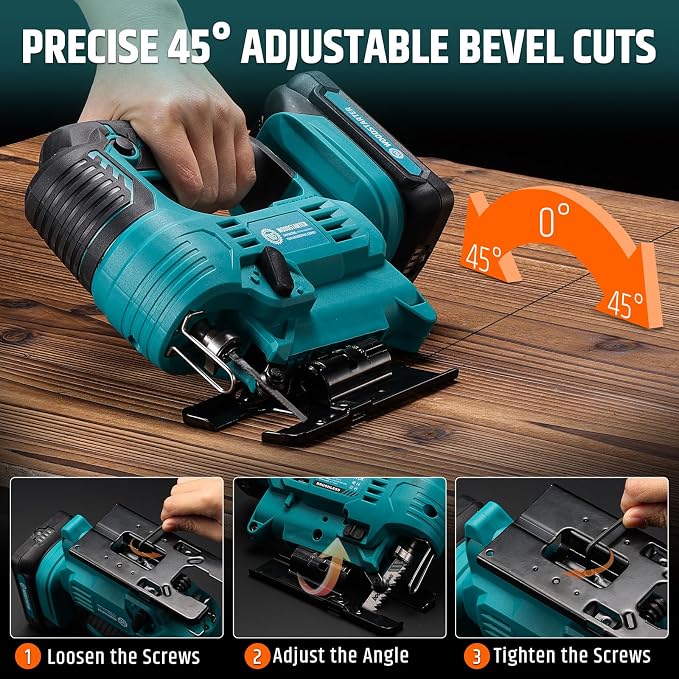 Cordless Jig Saw with Brushless Motor, 3 Adjustable Speed Settings, 45°-90° Cutting Angle, Compatible with T-Shaped Blades, Includes Dust Blowing Feature (Tool Only)