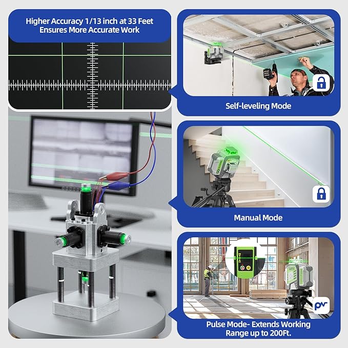 Huepar Pro Laser Level 360 Self Leveling, 3x360° High Accuracy Green Cross Line Laser for Construction and Picture Hanging, 12 Lines Level Laser Tool with Rechargeable Battery & Remote Control