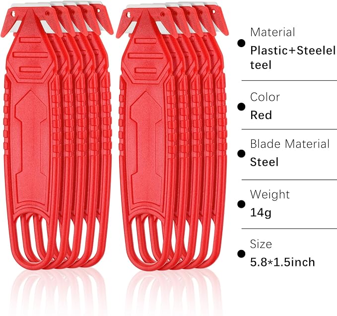 Therwen Safety Box Cutter Knife of Stainless Steel Concealed Blade Package Opener with Tape Splitter for Carton Cardboard Wrap Letter Work Bag Straps Film Utility Tool(Red,10 Pcs)
