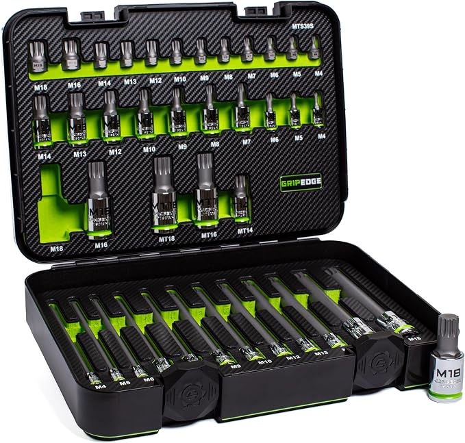 GripEdge |39-PC RPT 1/4, 3/8 & 1/2" Drive Low Profile, Standard, Exta Long & Security Triple Square Master Bit Socket Set|Includes sizes - M4-M18 | Includes Premium Plastic Case With Foam Insert |