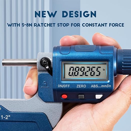 Dasqua Precision Professional 1-2"/25-50mm 0.00005"/0.001 mm Resolution Digital Outside Micrometer with Carbide Tip 1-2" Measuring Tool Metric/inch Conversion