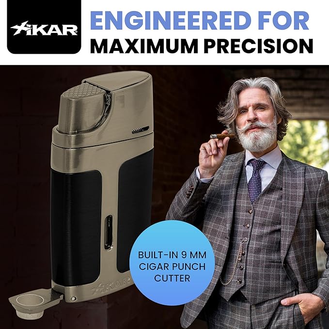 XIKAR ELX Double Jet Flame Butane Torch Lighter with 9mm Cigar Punch – Refillable Butane Lighter with Fuel Window – Wind-Resistant Adjustable Flame – Premium Cigar Accessory – Black with Gunmetal