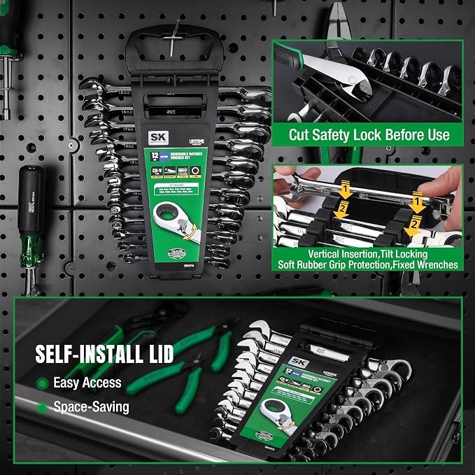 SK Reversible Ratcheting Combination Wrench Set, 12-Piece, Metric 8-19 mm | Ratchet Wrenches Set 72-Tooth, Chamfered Head Design, Premium CR-V Steel, with Rack Organizer